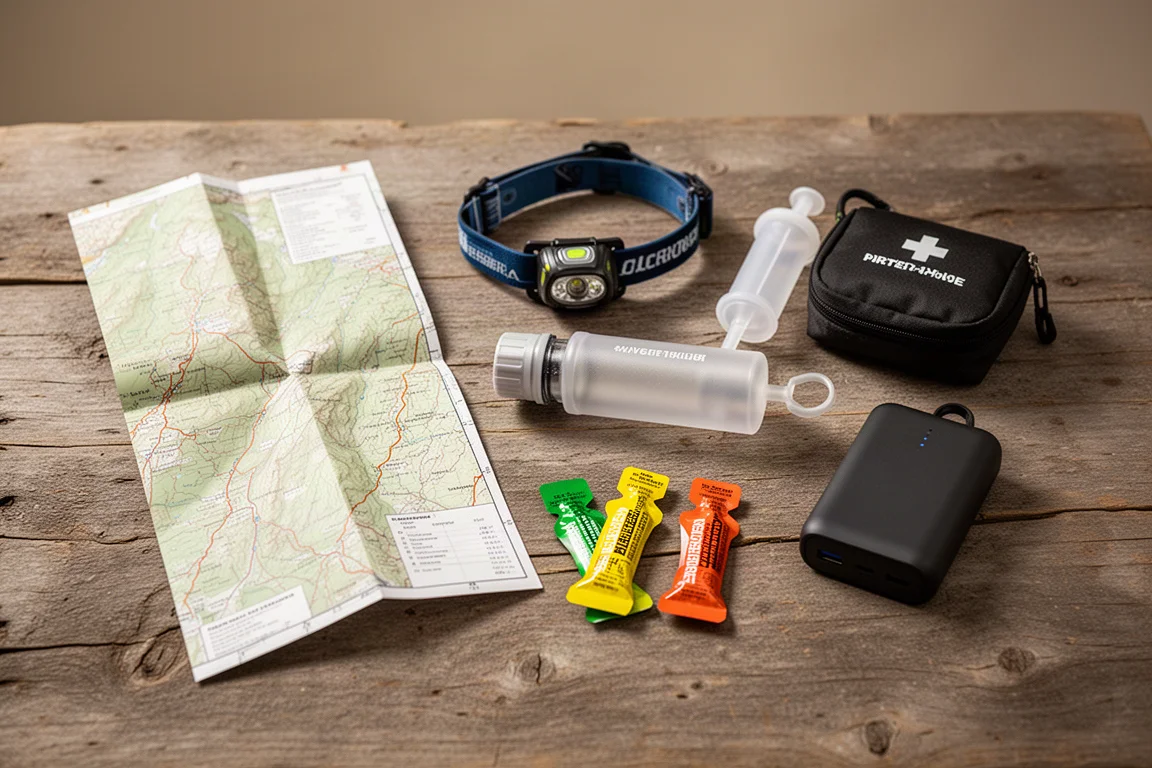 Overhead flat-lay of hiking essentials including map, headlamp, filter, and power bank on wood