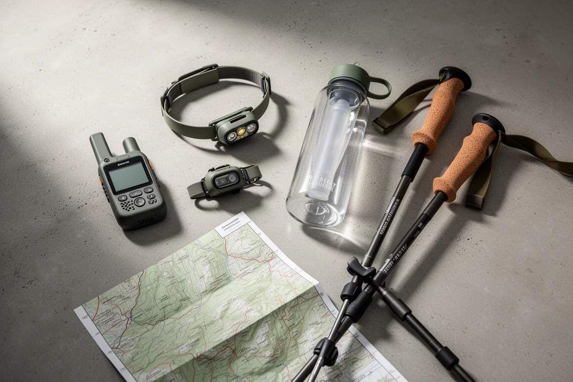 Flat-lay dall'alto di attrezzatura da escursionismo tra cui comunicatore satellitare, frontale, filtro, mappa e bastoncini da trekking