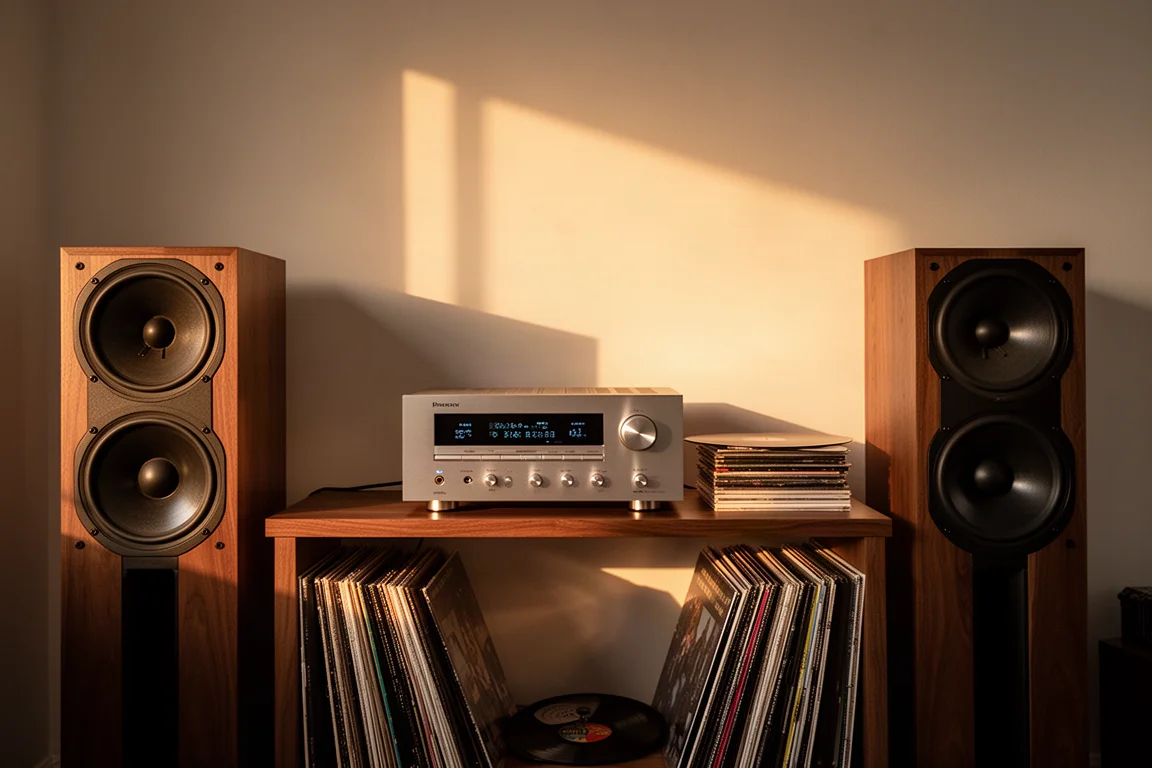 Vintage-Stereo-Receiver und Hornlautsprecher auf einem Holzregal in warmem Nachmittagslicht