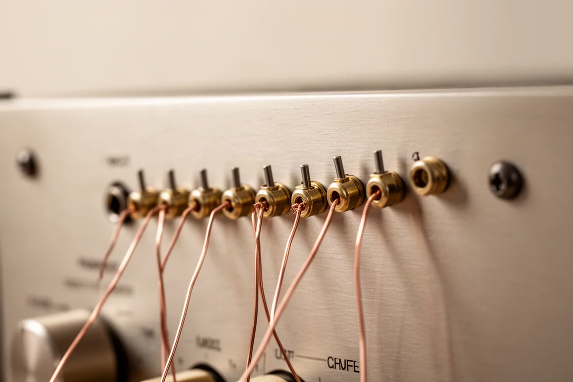 Nahaufnahme kleiner Push-Pin-Lautsprecherklemmen auf der Rückseite eines Vintage-Receivers