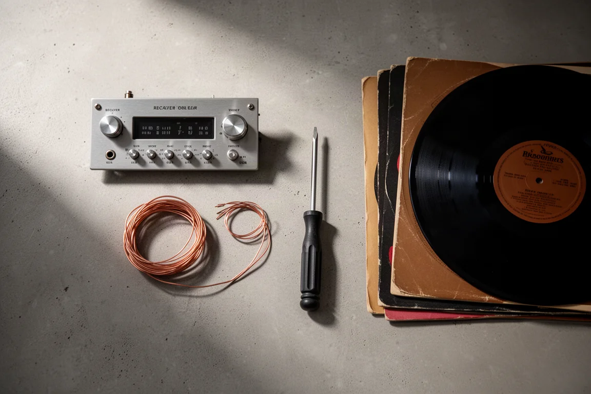 Flat-Lay aus Vintage-Receiver-Frontplatte, Lautsprecherkabel, Werkzeug und Vinylplatten