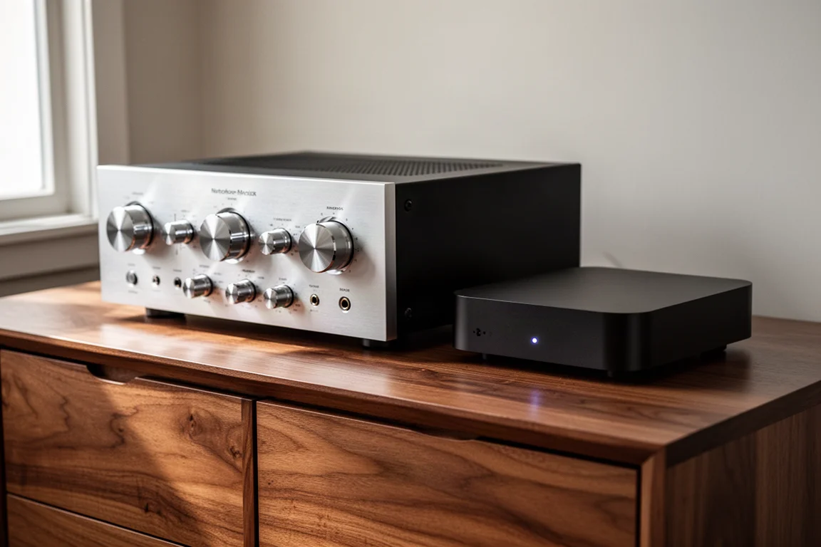 Silver vintage stereo receiver beside a compact black network music streamer on a walnut sideboard