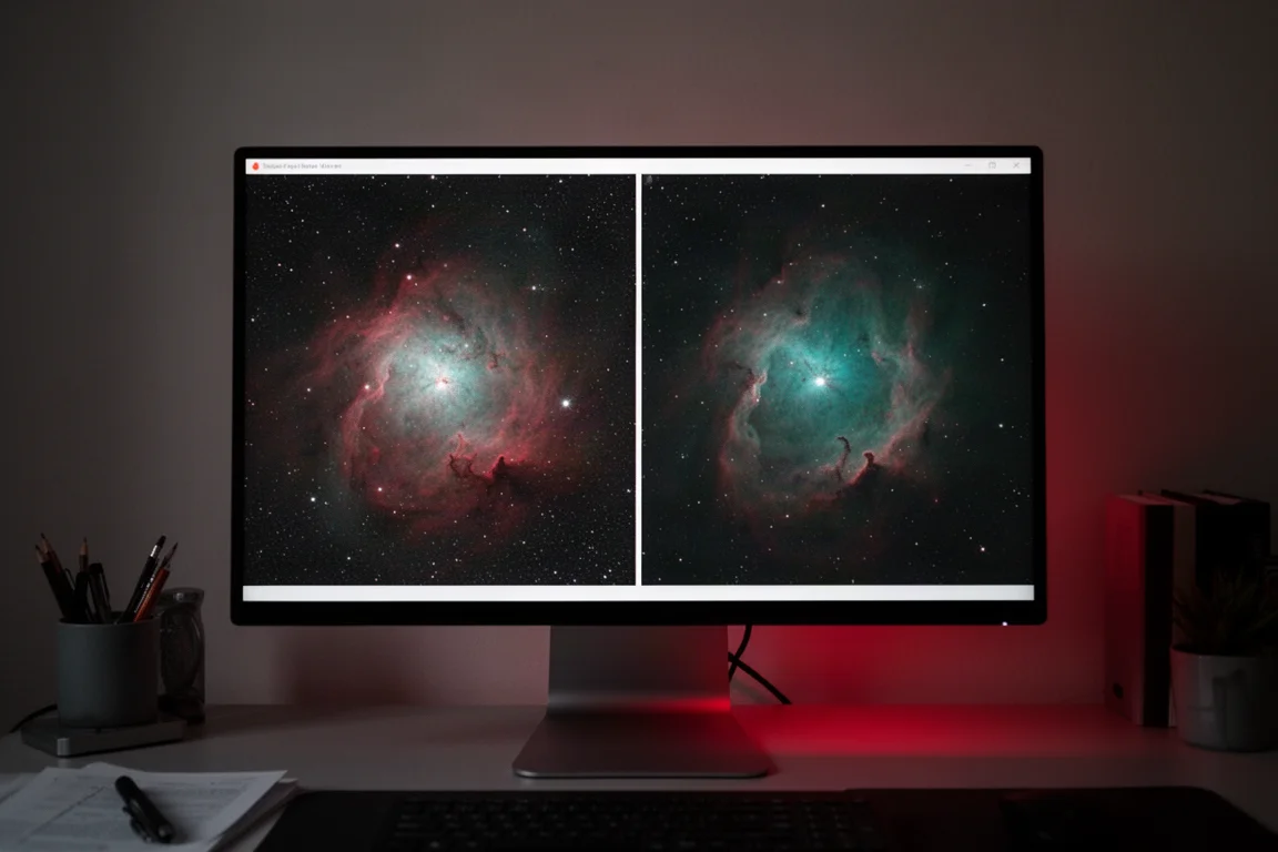 黑暗房间中的大屏幕上显示星云图像对比
