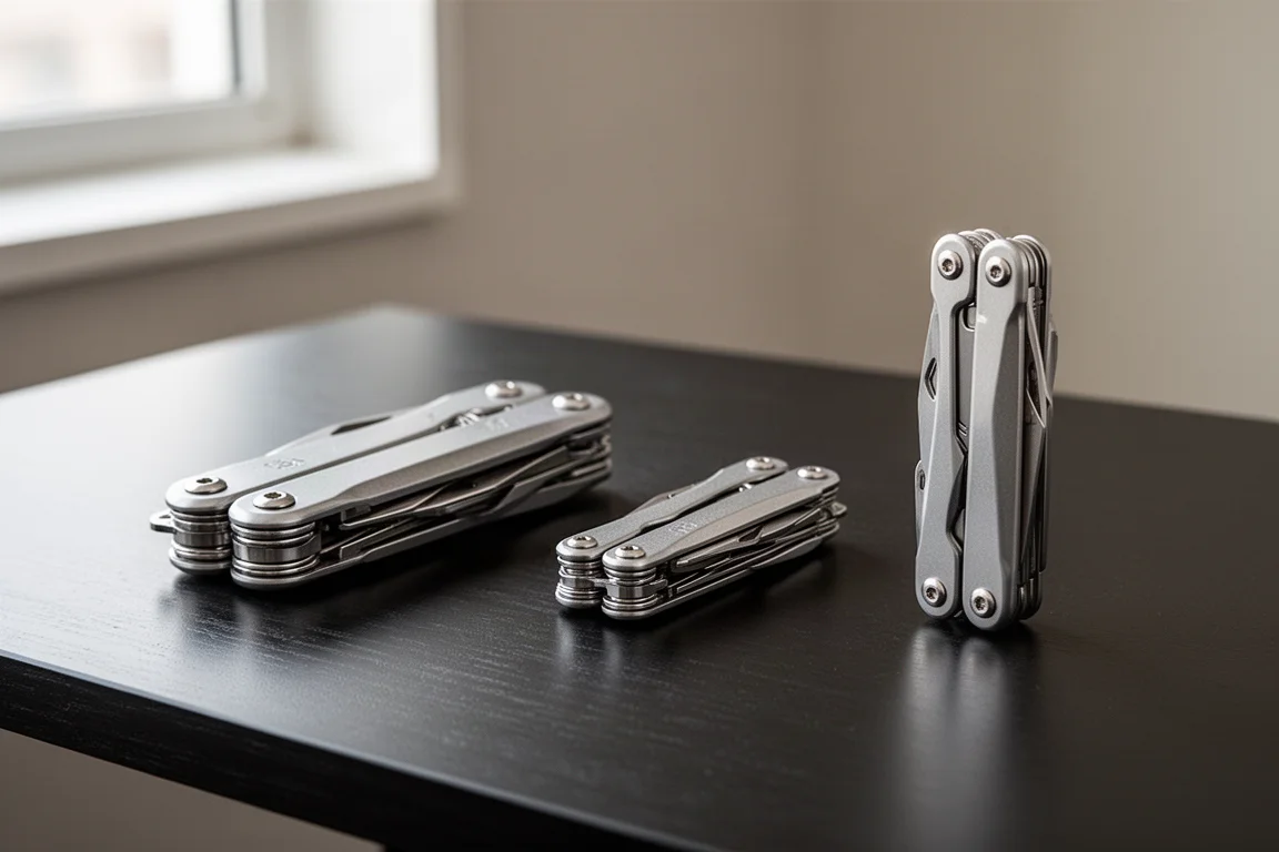 Drie klapmultitools in verschillende formaten naast elkaar op een donker bureau