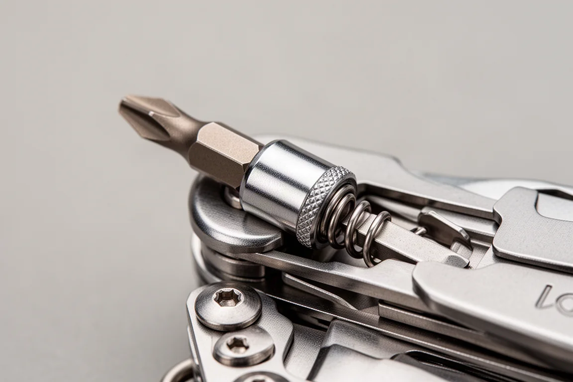 Detailopname van een bitaandrijving van een multitool met magnetisch vastgehouden schroefbit