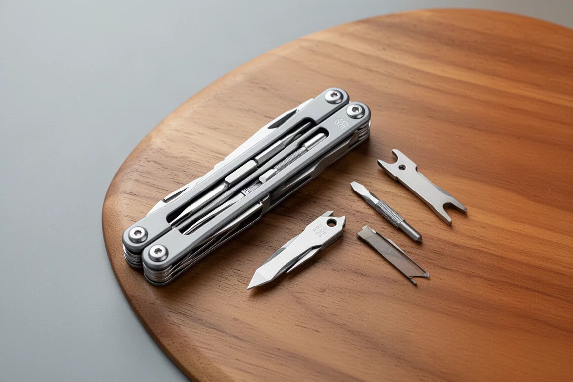 Multitoolhandvatten opengeklapt, met zichtbaar modulaire gereedschapssleuven