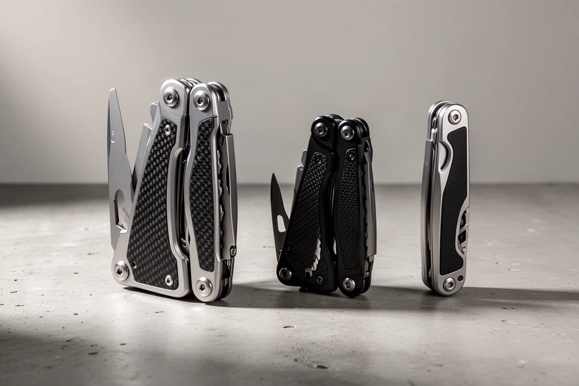 Trois multi-outils modulaires de tailles différentes alignés sur une surface en béton
