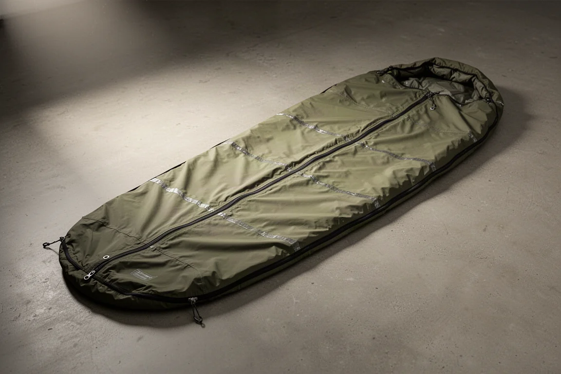 콘크리트 바닥 위에 펼쳐 놓은 올리브색 3레이어 Gore-Tex 비비 셸
