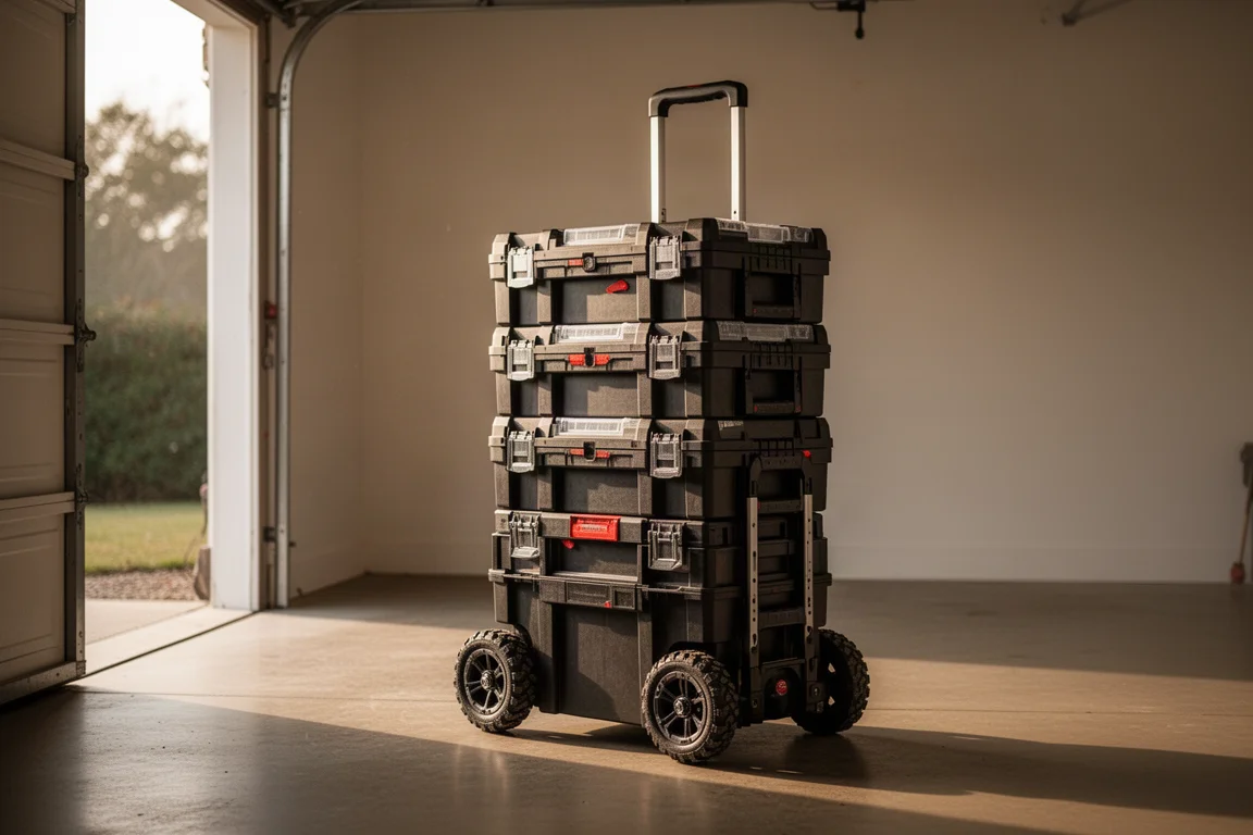 Stacked modular tool boxes with a telescoping handle on a garage floor