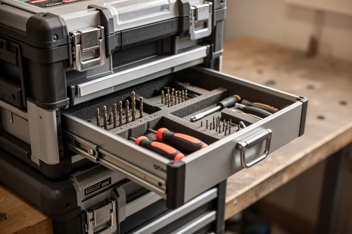 Open drawer unit inside a modular tool storage stack showing organized hand tools
