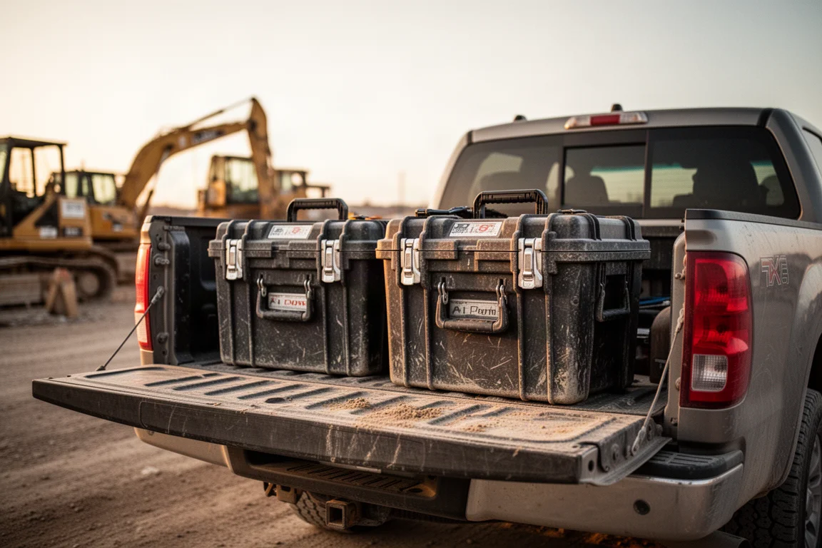 Rugged tool boxes loaded into the bed of a pickup truck