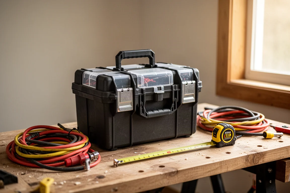 A single modular tool box on a workbench beside neatly coiled cords