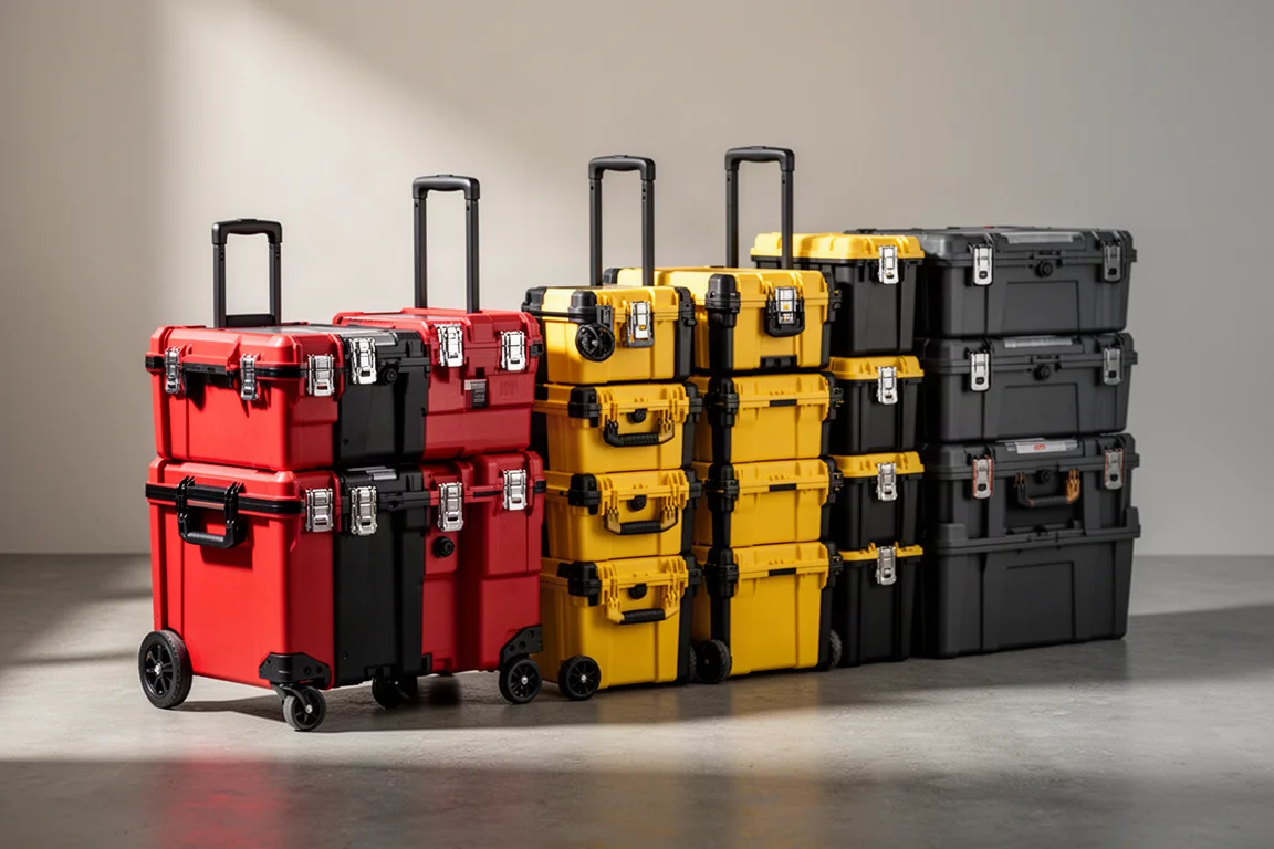 Una fila di stack di contenitori tool modulari rossi, neri e gialli su un pavimento di officina