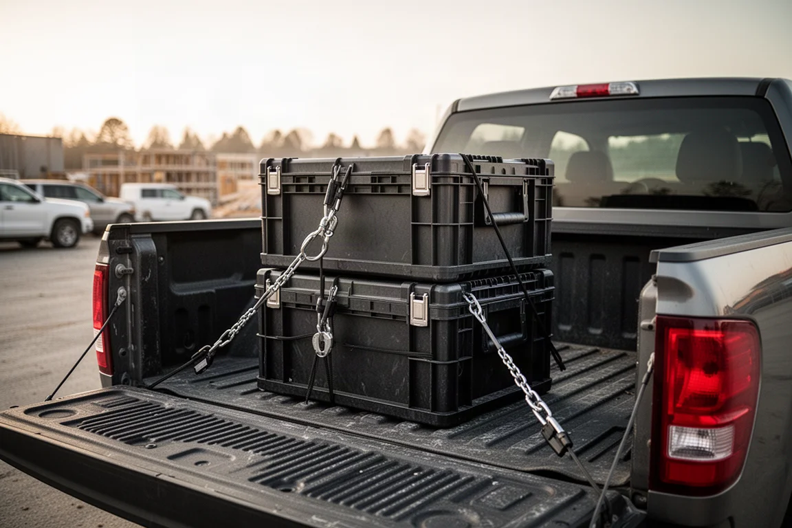 Black modular tool crates stacked in the bed of a pickup truck
