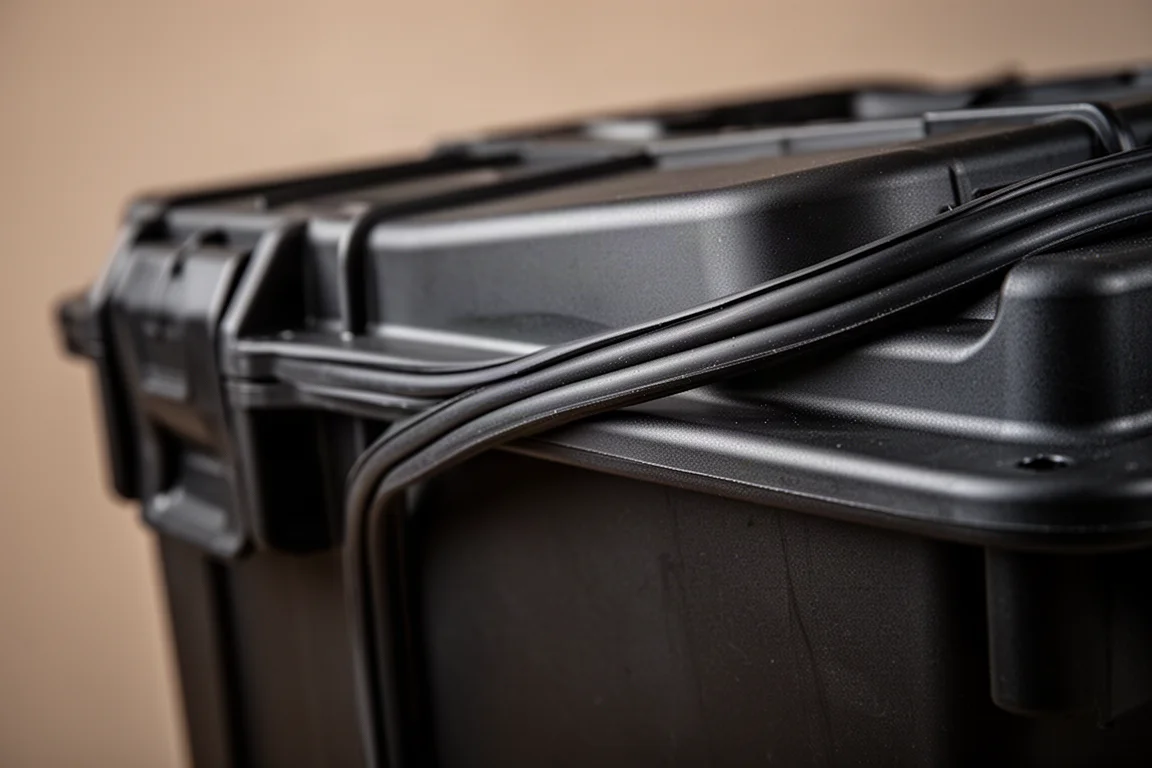 Weather-sealed gasket detail on the underside of a tool box lid
