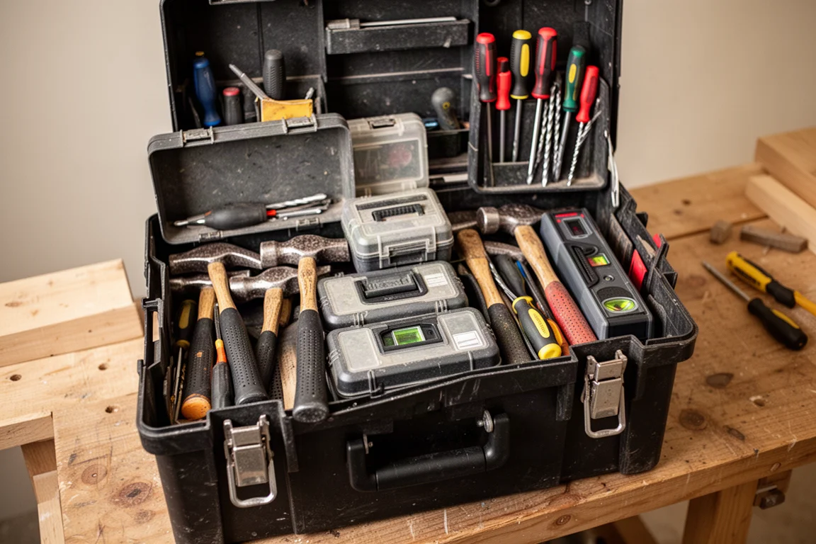 Open tool crate packed with organized tool boxes and hand tools