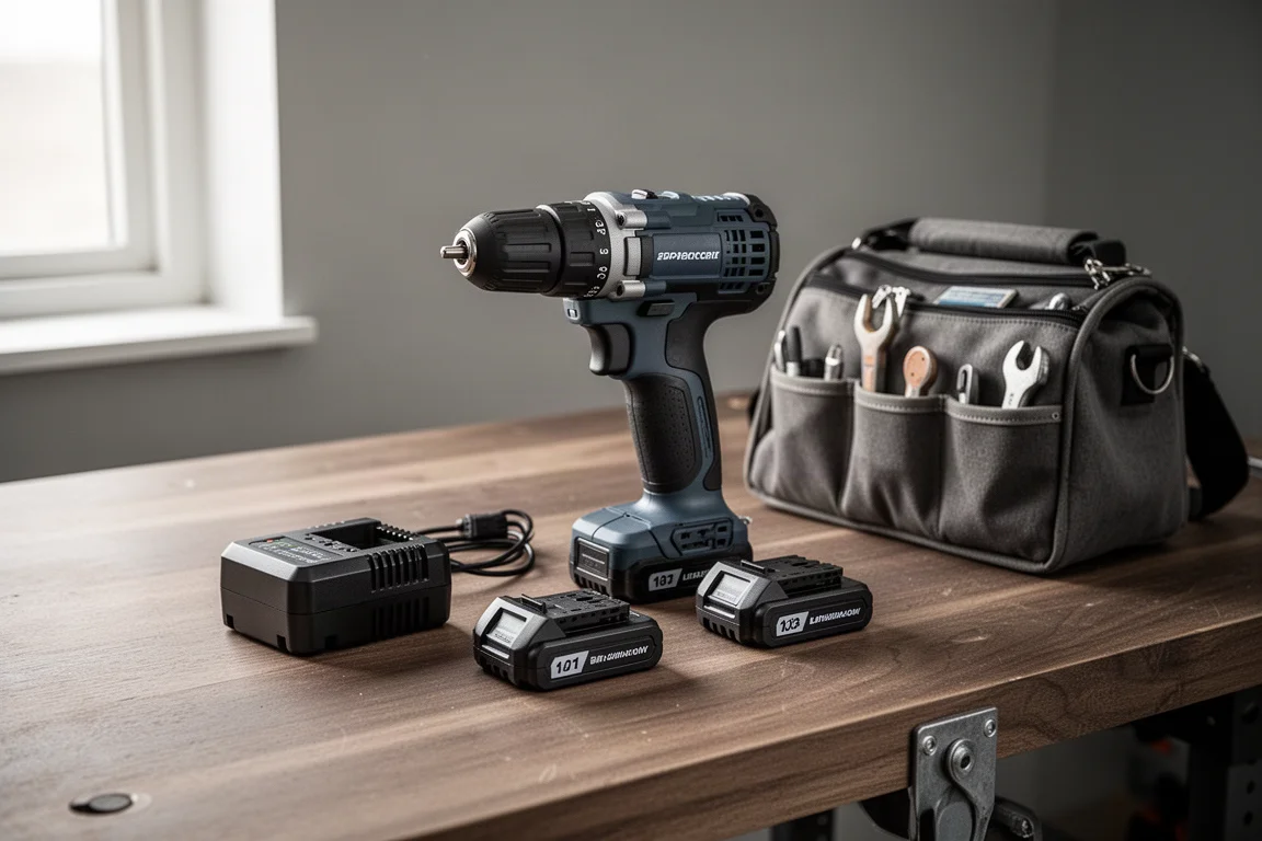 Cordless drill and batteries laid out on a workshop bench