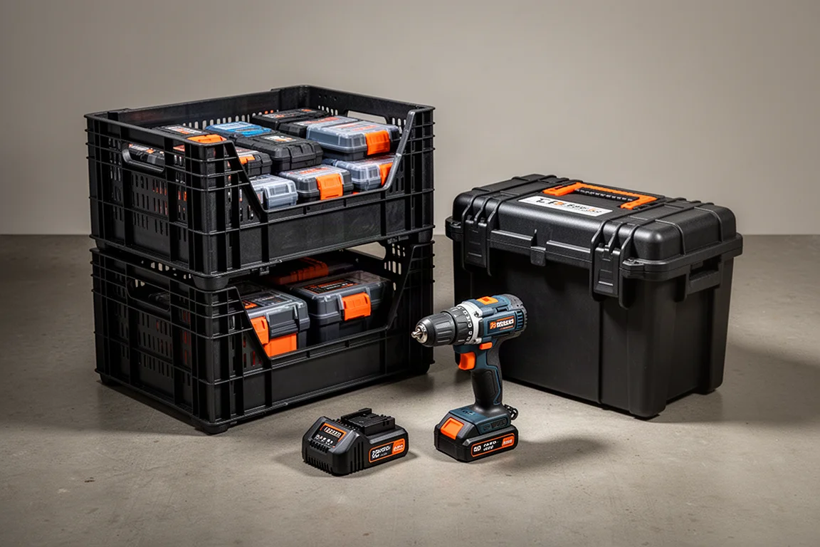 Casse portautensili modulari, una cassetta attrezzi con guarnizioni a tenuta stagna e un set di trapani a batteria disposti su un pavimento in cemento