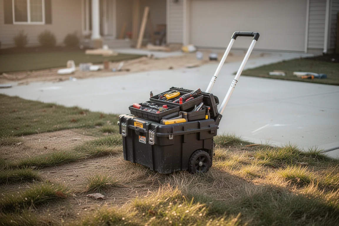 Loaded rolling toolbox being pulled across grass toward a job site