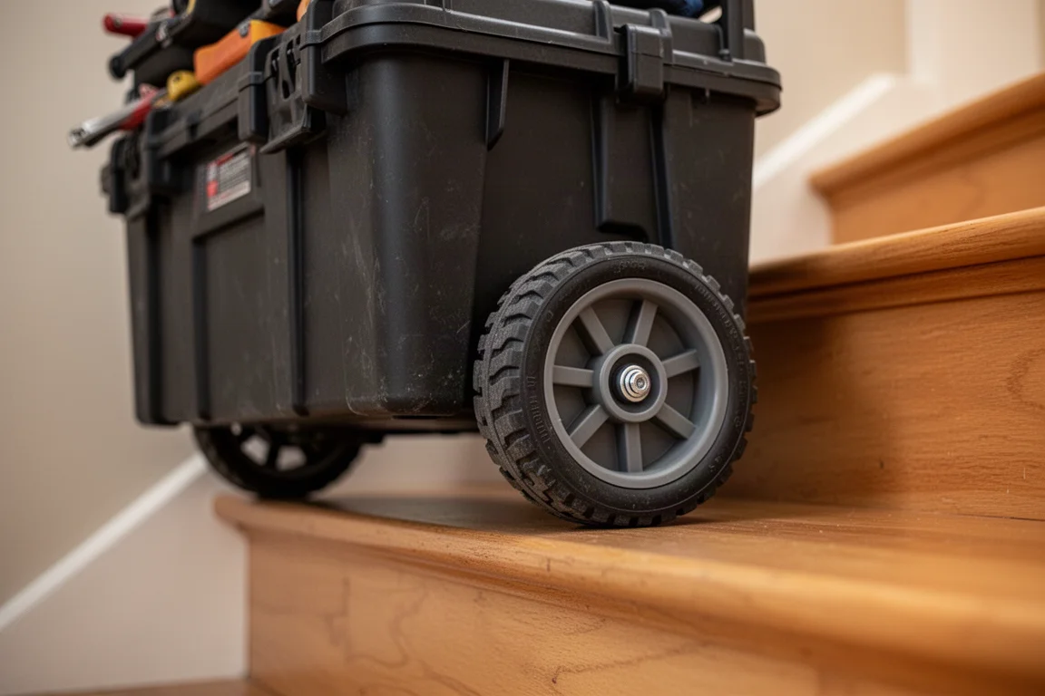 Rolling toolbox wheel caught on the lip of a wooden stair tread