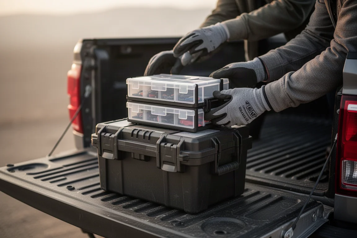 Modular organizer box clicked onto a midsize toolbox on a truck tailgate