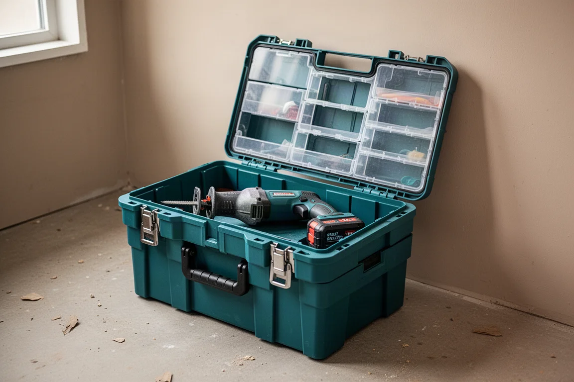 Teal modular toolbox stack opened from the top with tools visible inside