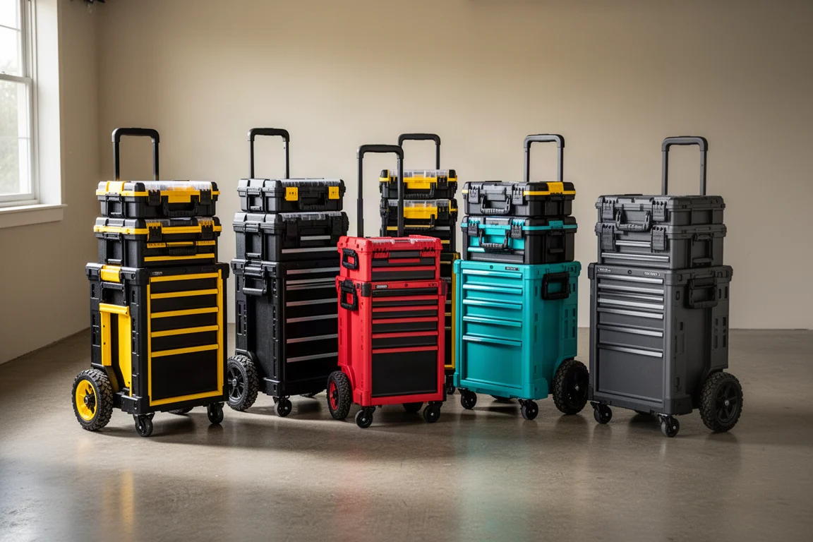 Six modular toolbox systems lined up on a concrete garage floor