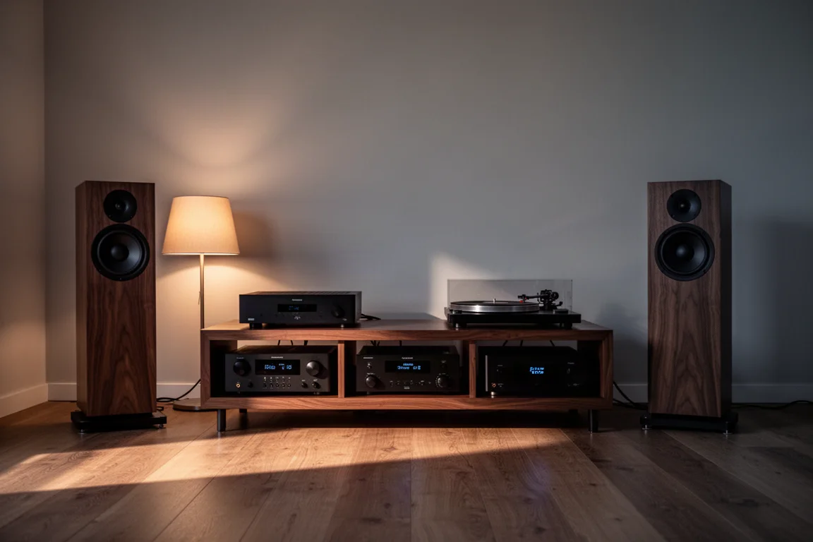 Hi-fi listening room at dusk with a walnut equipment rack and stand-mounted speakers