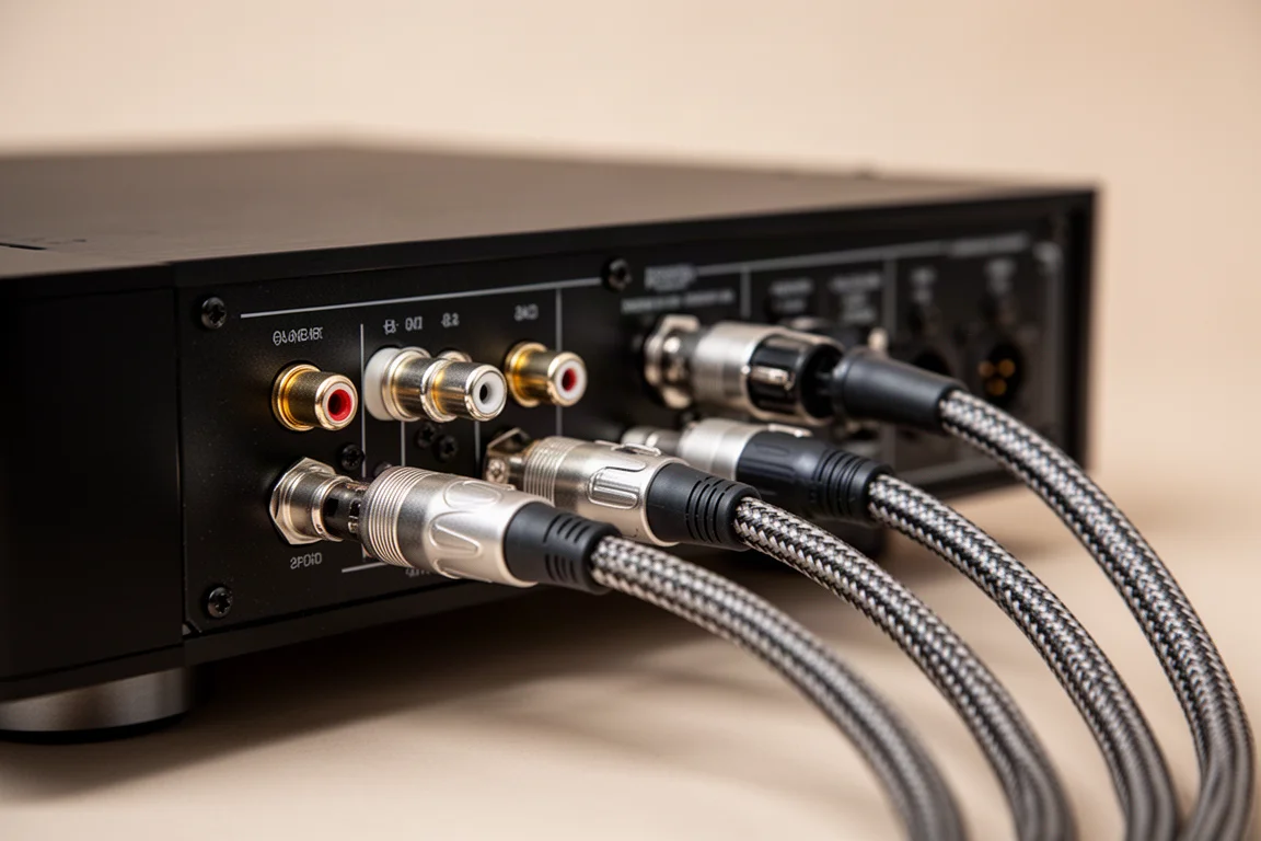 Close-up of RCA and XLR cables routed from the rear panel of a hi-fi component