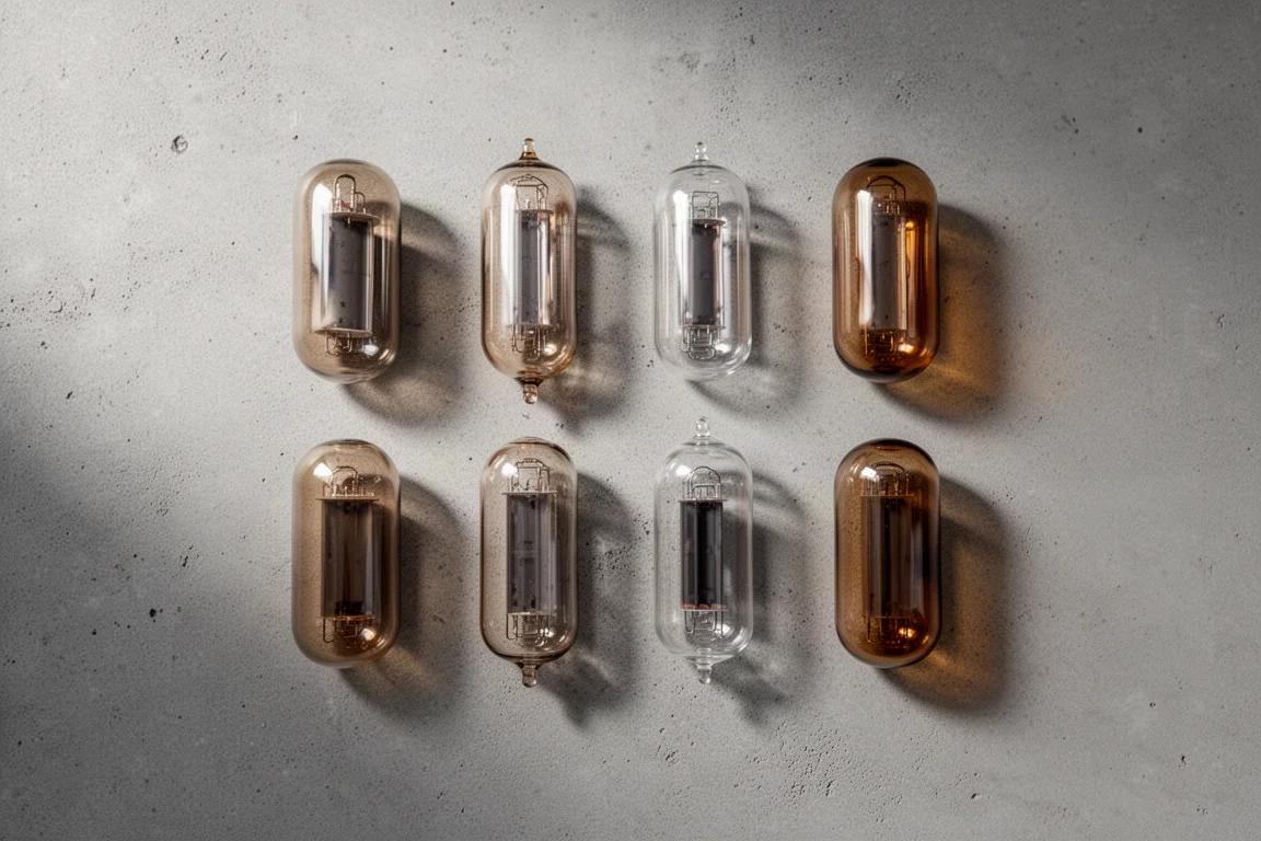 Overhead flat-lay of six glass vacuum tubes of two sizes on a concrete surface