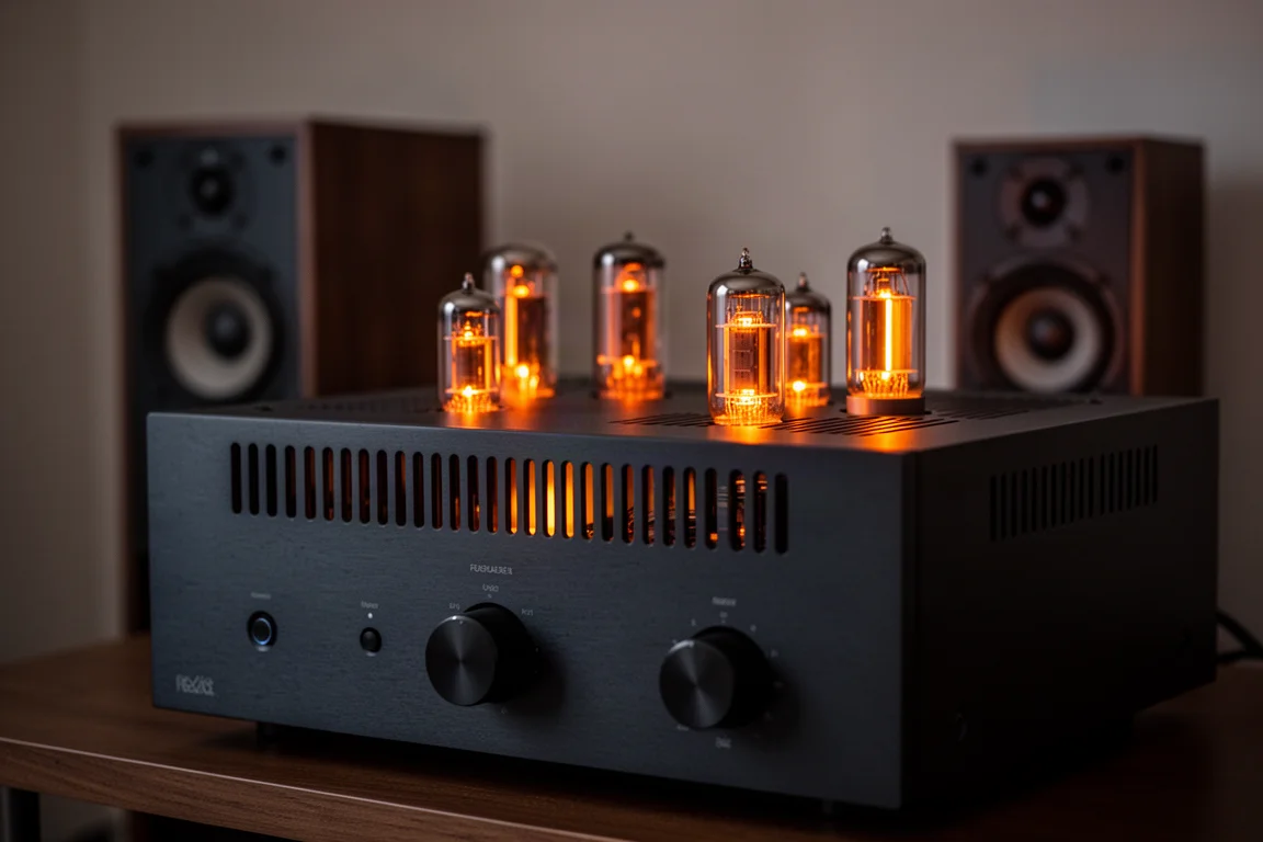 Hi-fi system at night with warm glow from vacuum tubes through a component vent