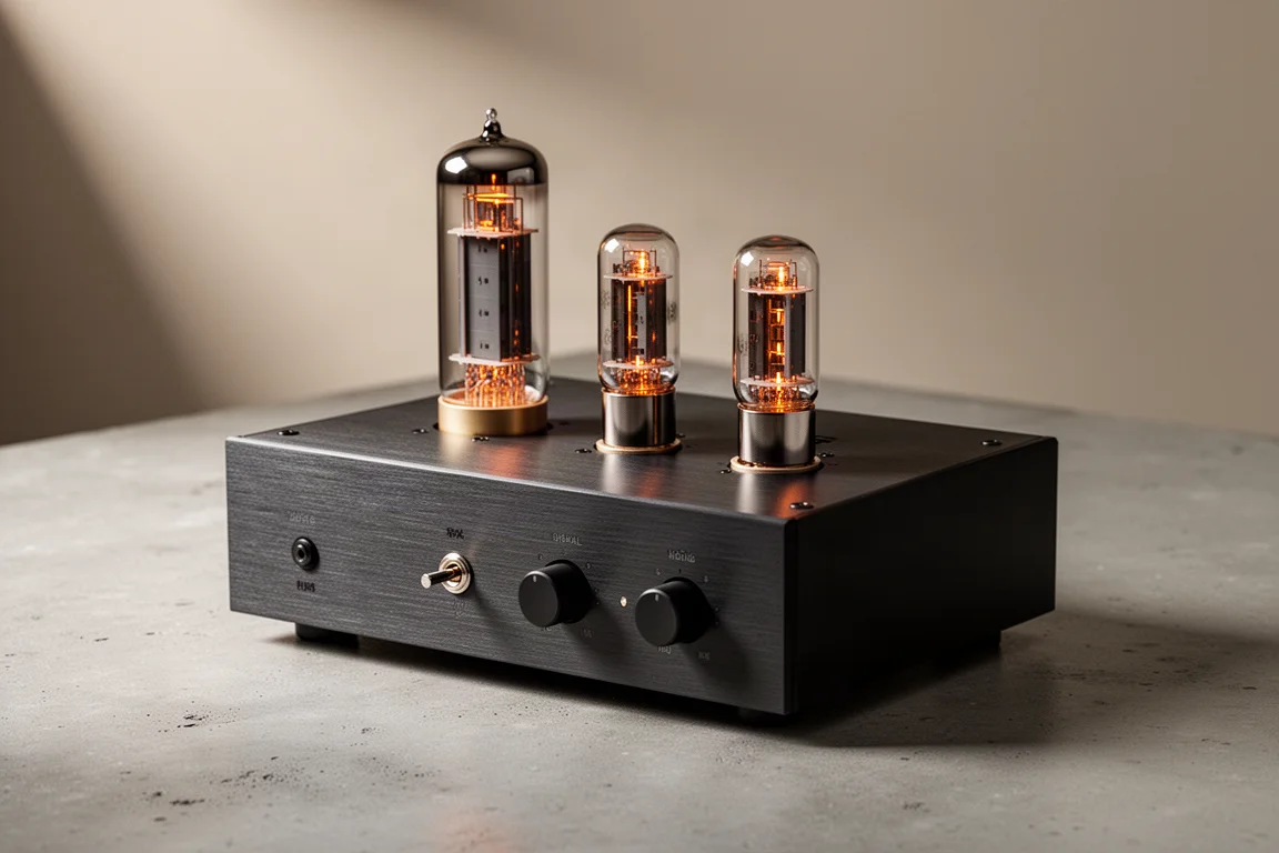ModWright Analog Bridge tube buffer with three glowing vacuum tubes on a concrete surface