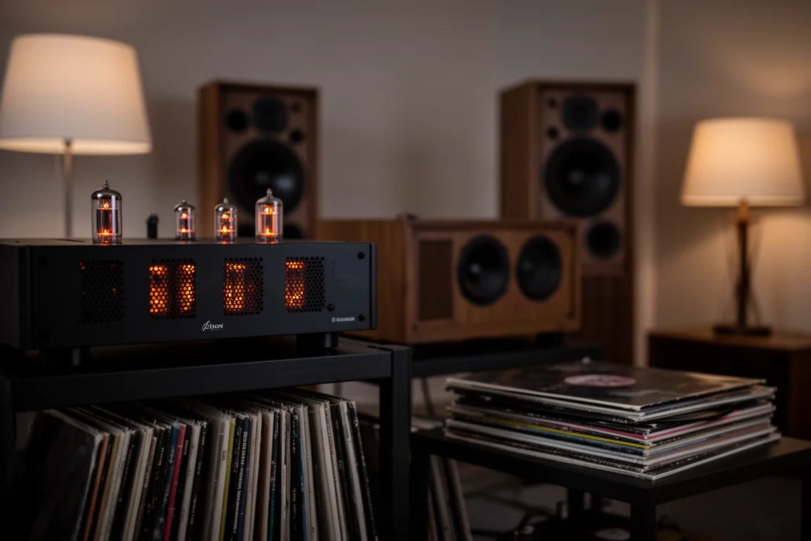 Dämpat lyssningsrum med glödande rör i ett hi-fi-ställ och högtalare bakom