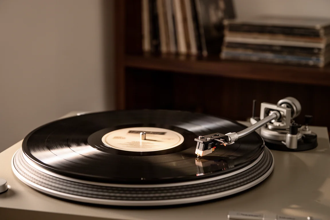 Skivspelartonarm som spårar en vinylskiva i varm eftermiddagsljus