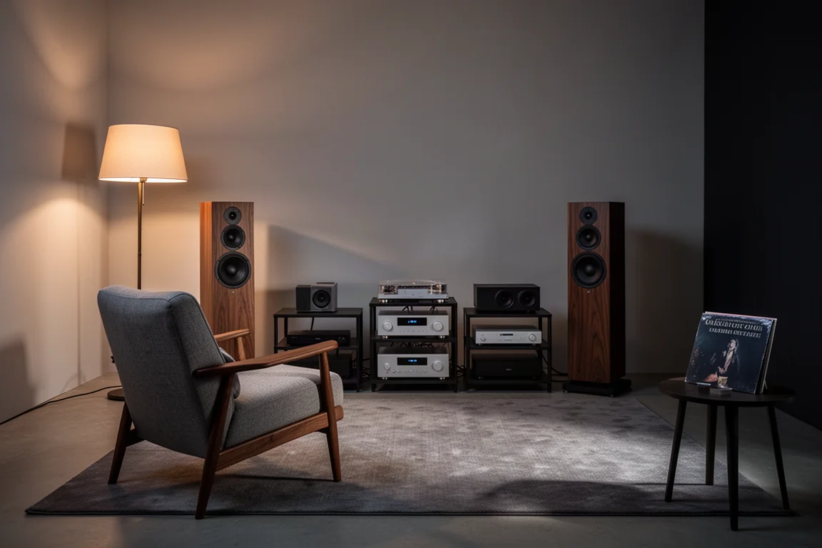 Fåtölj vänd mot högtalare och ett hi-fi-ställ i ett lyssningsrum i skymningen