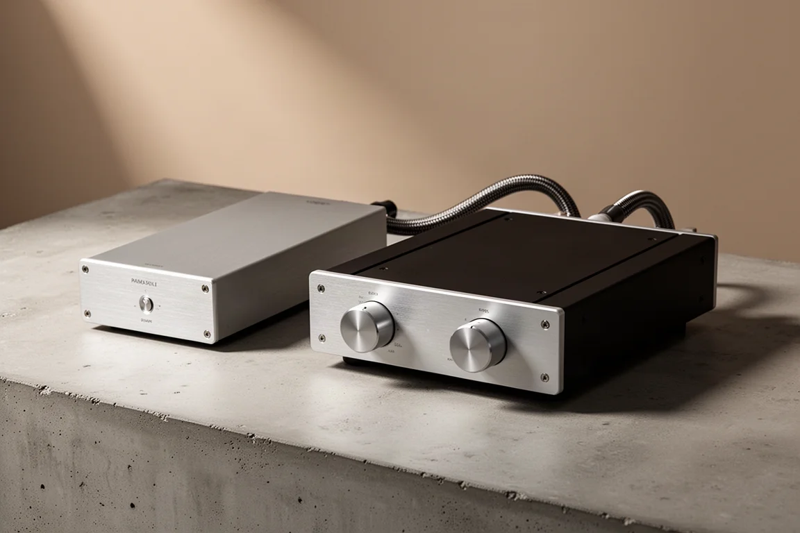 Two-chassis tube preamplifier with large metal knobs on a concrete surface