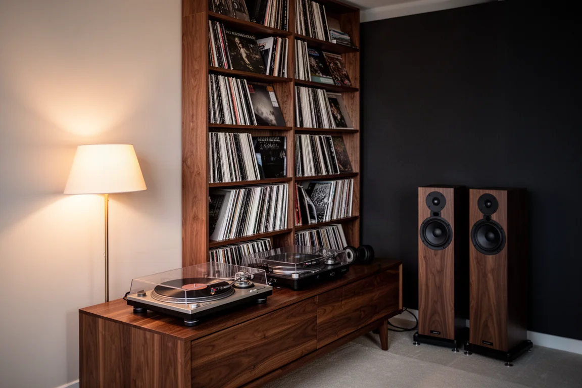Listening room corner at dusk with shelves of vinyl records and a turntable on a wooden sideboard