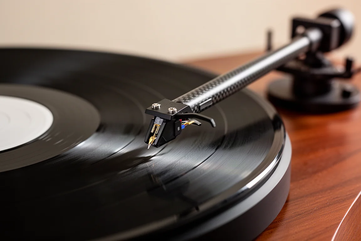 Macro view of a carbon fiber tonearm and stylus lowering onto a spinning vinyl record