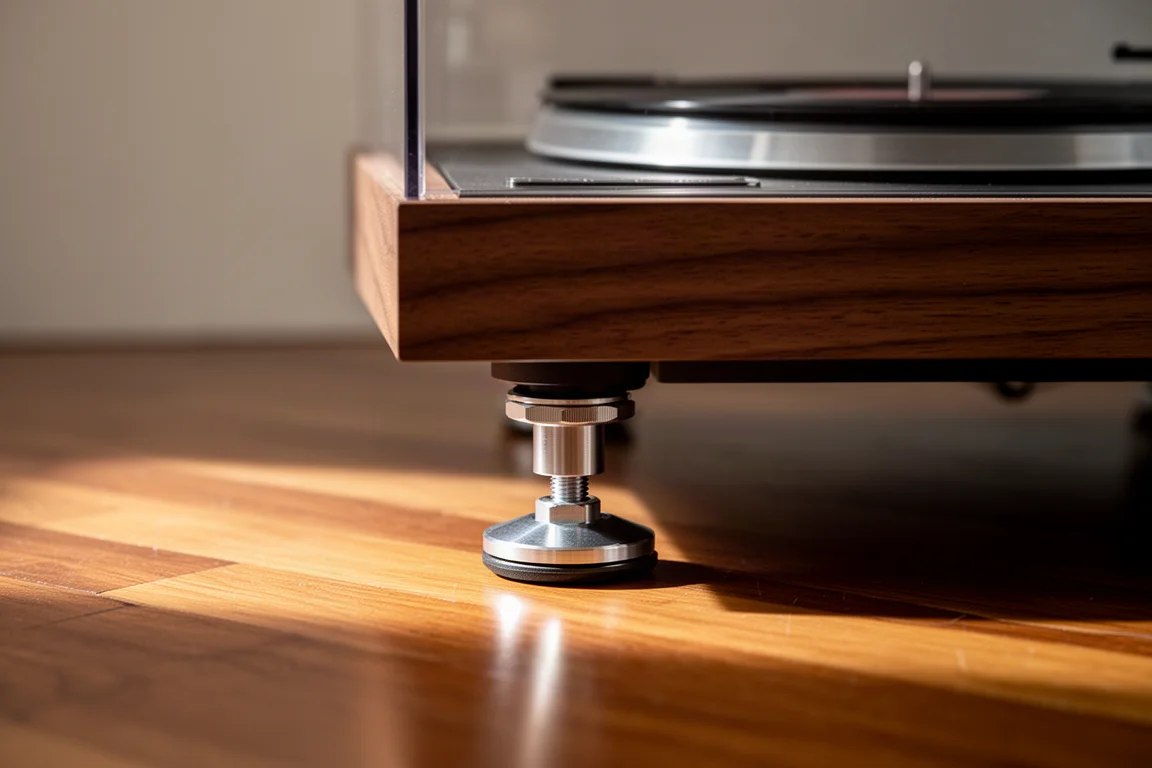 Adjustable isolation foot beneath a wood-framed turntable plinth on a hardwood floor