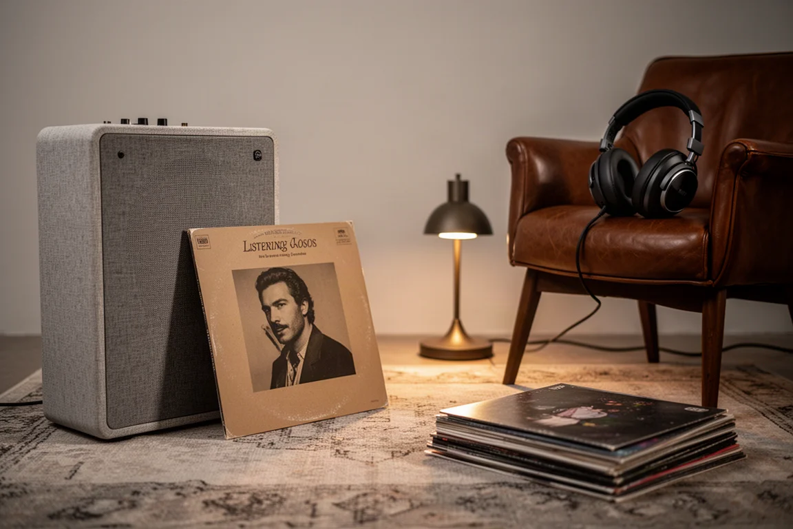 Evening listening session scene with a record sleeve, headphones, and soft lamp light