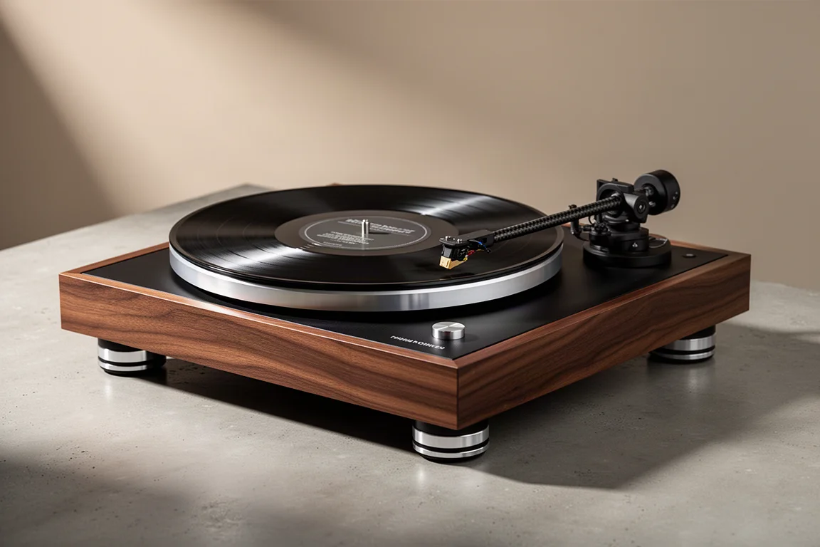 Walnut-finished reference turntable with carbon fiber tonearm and hybrid platter on a concrete surface