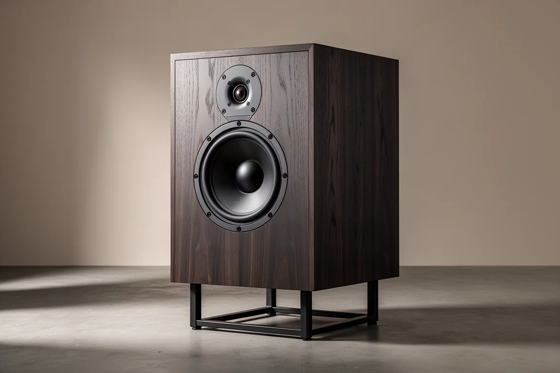 Large dark wood standmount loudspeaker with coaxial driver on a black metal floor stand