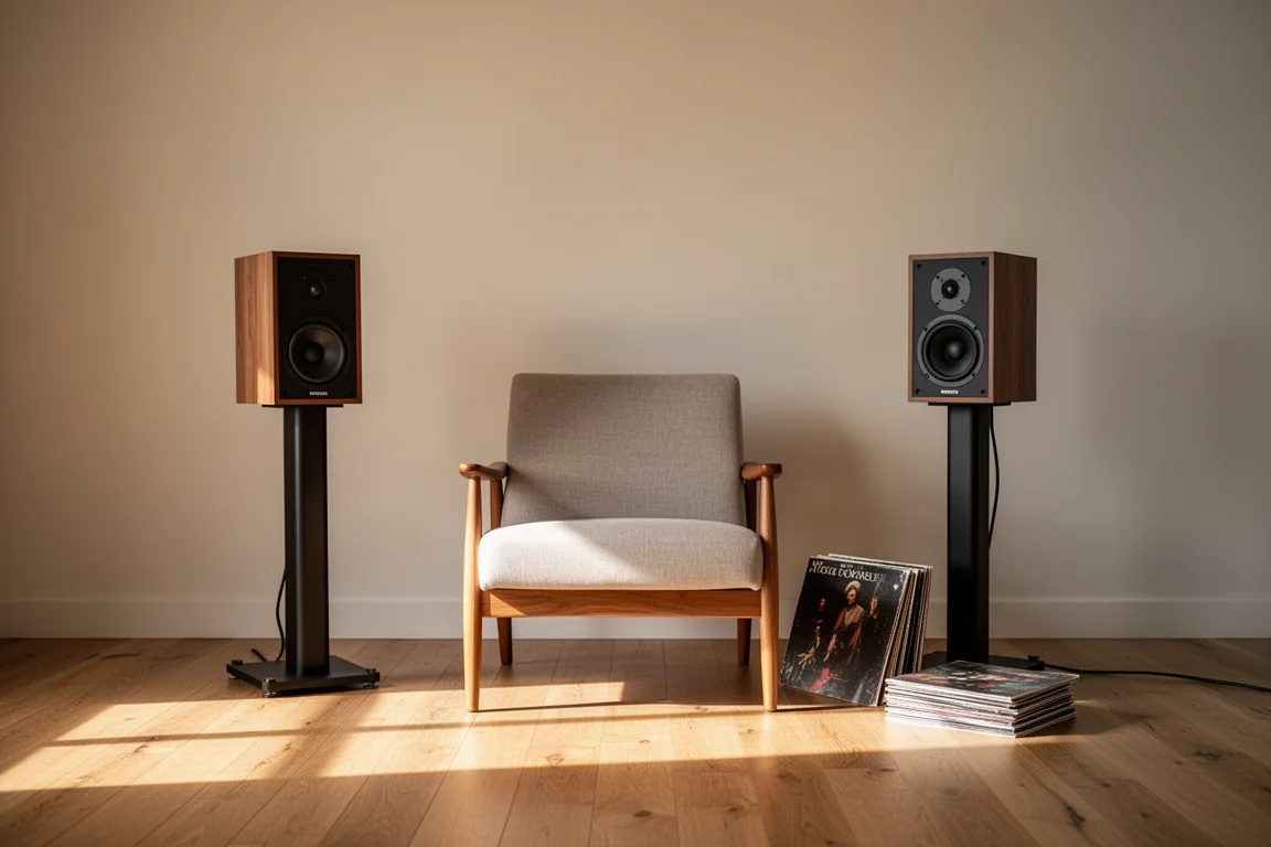 Close-up of a thick walnut veneer speaker baffle edge in soft window light