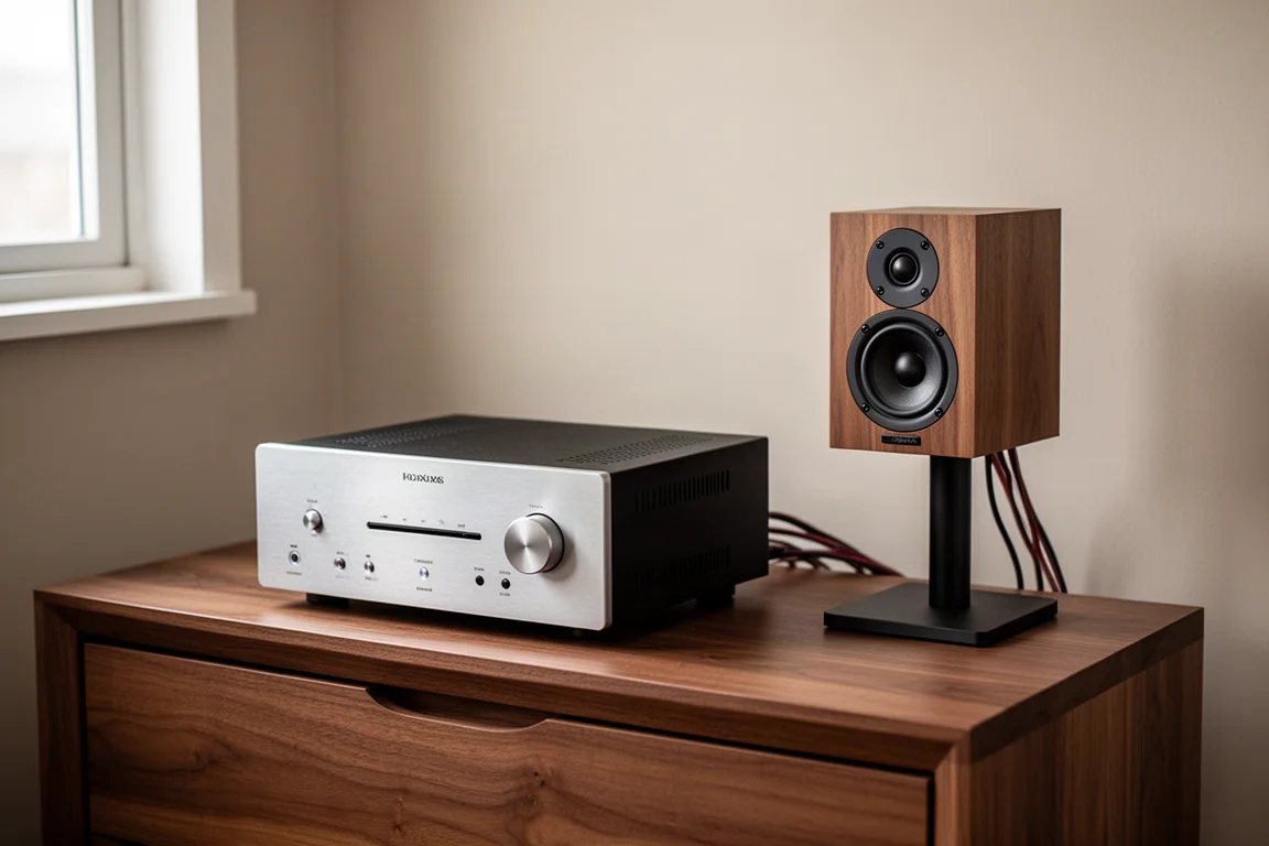 Pair of stand-mount speakers on stands flanking a hi-fi rack at dusk
