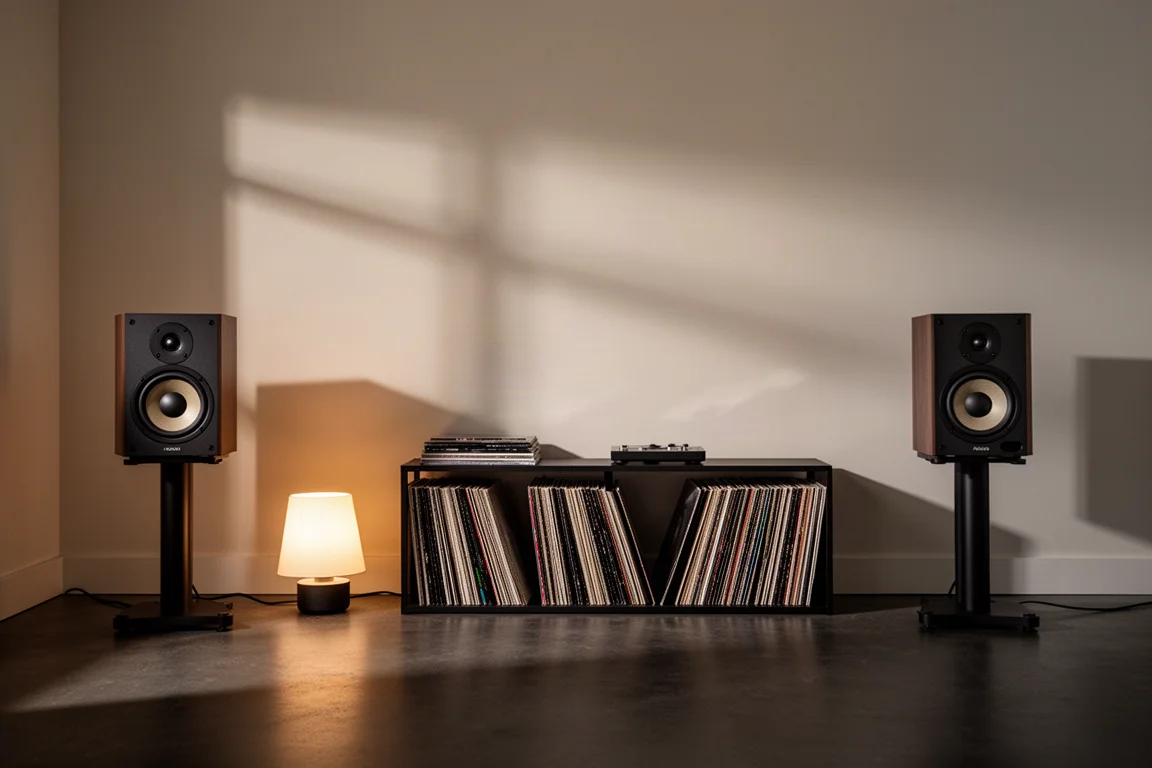 Overhead flat-lay of hi-fi accessories on a concrete surface
