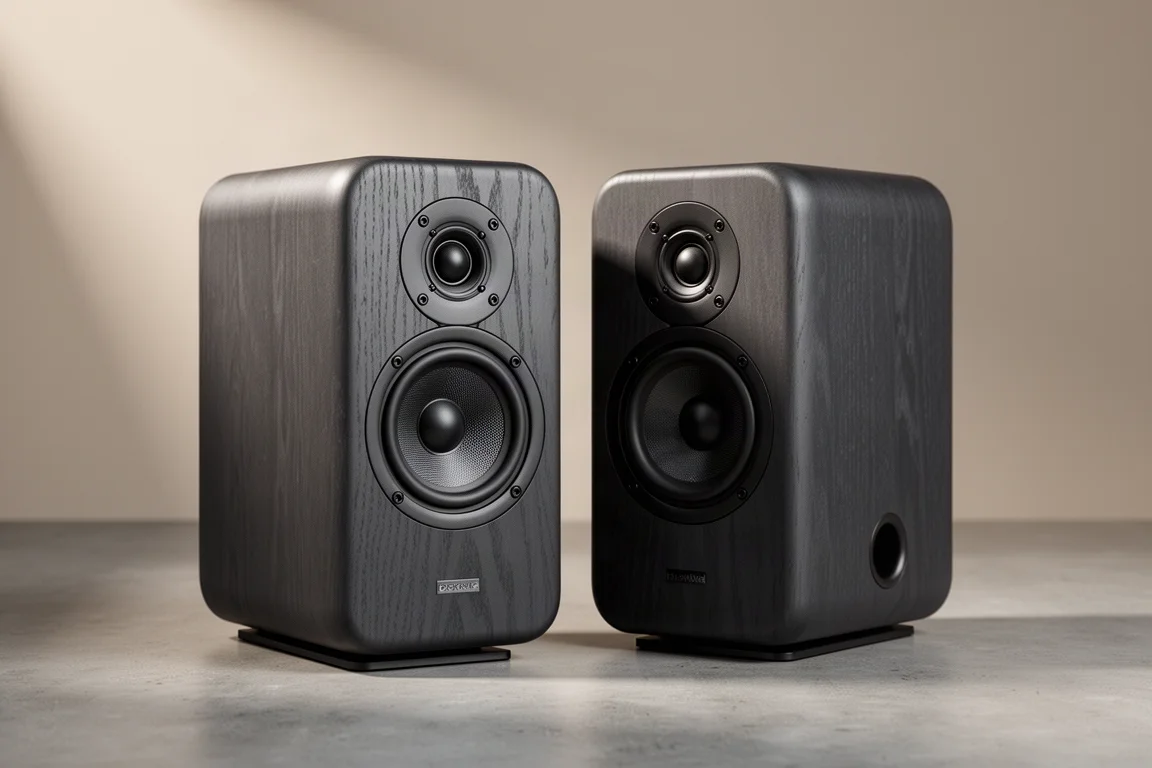Walnut stand-mount speaker with a circular driver beside an open-baffle panel speaker on concrete