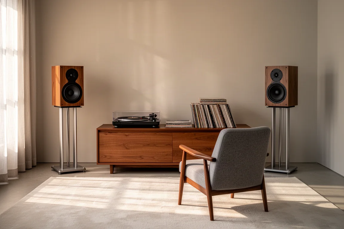 Small listening room with two compact stand-mount speakers on stands facing a single armchair