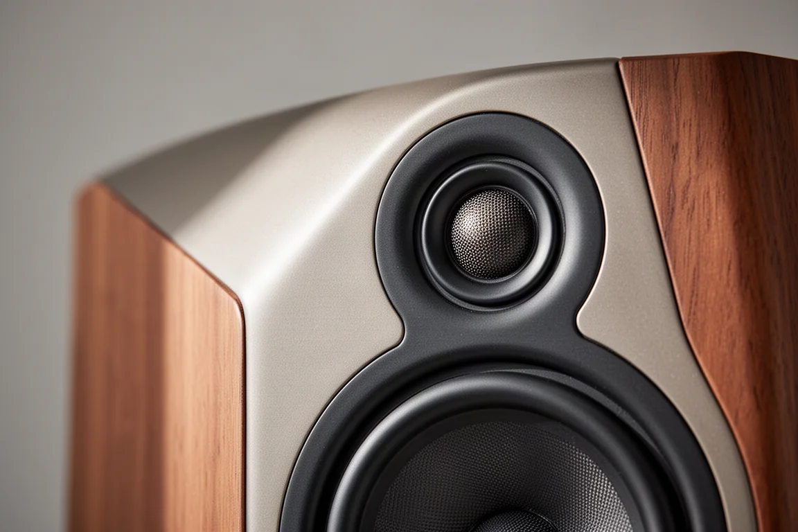 Rear panel of a stand-mount speaker with its circular port set clear of a plain wall