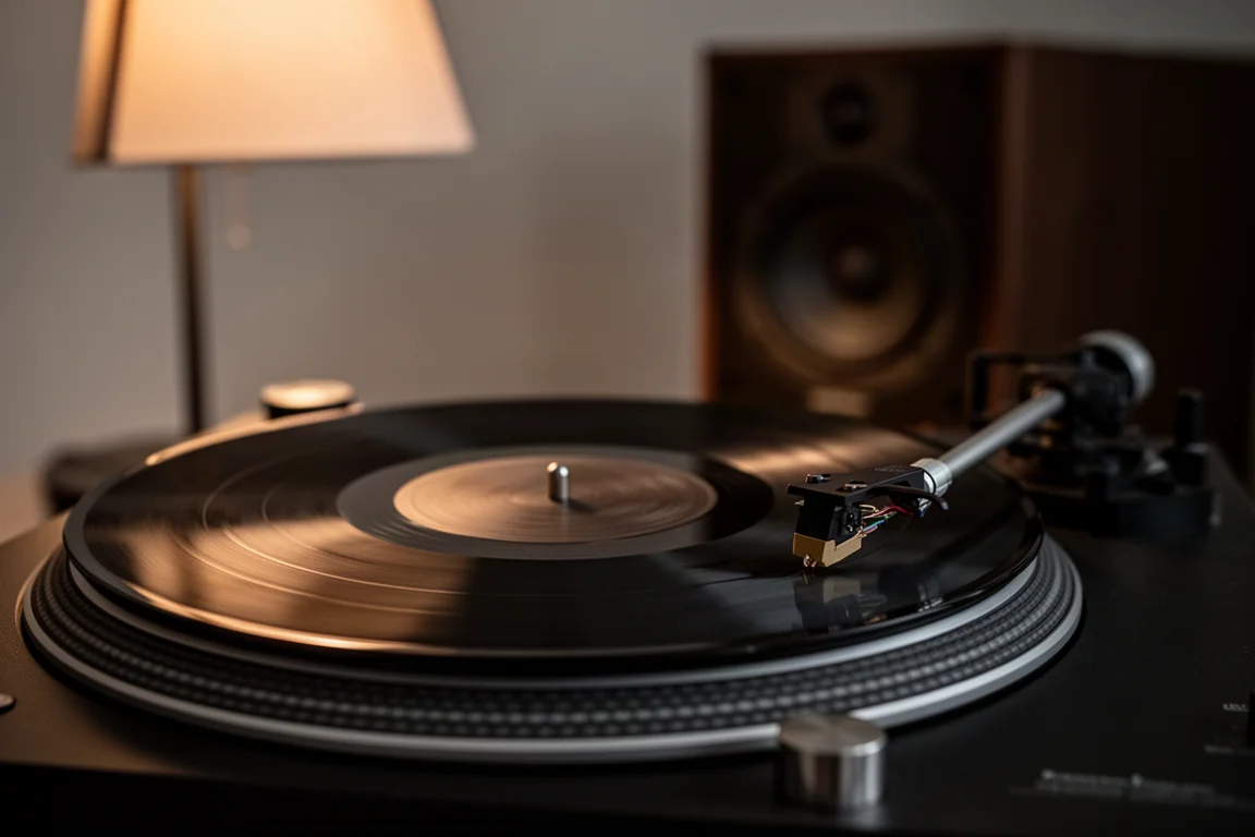 Evening listening scene with a turntable, warm lamp light and a speaker in the foreground