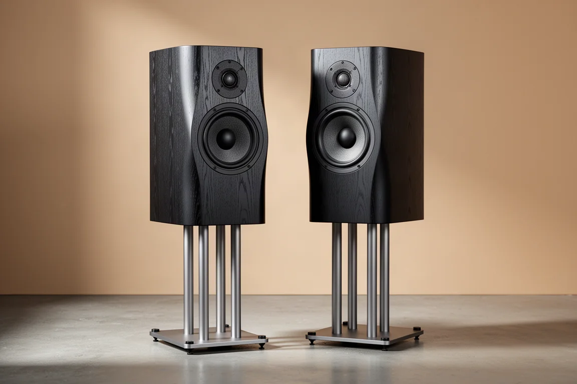 Compact wood veneer stand-mount loudspeaker with concentric driver on a concrete surface